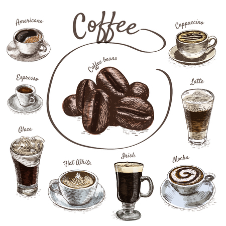 Vector illustration colorful set with coffee. Various kinds of coffee on white backgroundのイラスト素材