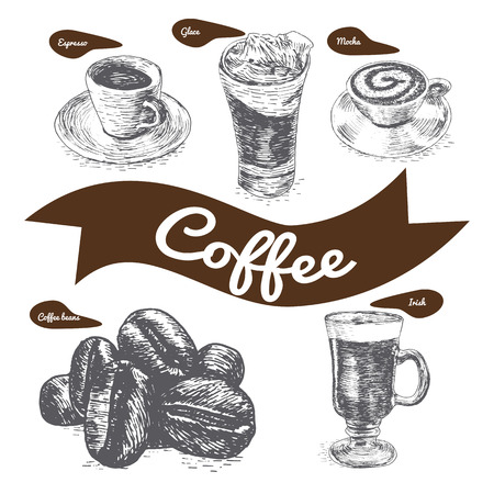 Vector illustration black and white set with coffee. Various kinds of coffee on white backgroundのイラスト素材