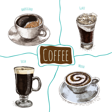 Vector illustration colorful set with coffee. Different kinds of coffee on white backgroundのイラスト素材