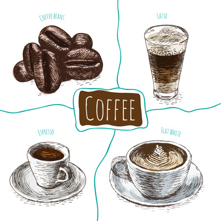 Vector illustration colorful set with coffee. Different kinds of coffee on white backgroundのイラスト素材