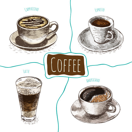 Vector illustration colorful set with coffee. Different kinds of coffee on white backgroundのイラスト素材