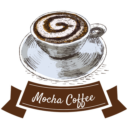 Vector illustration colorful set with mocha coffee. Illustration types of coffee on white backgroundのイラスト素材