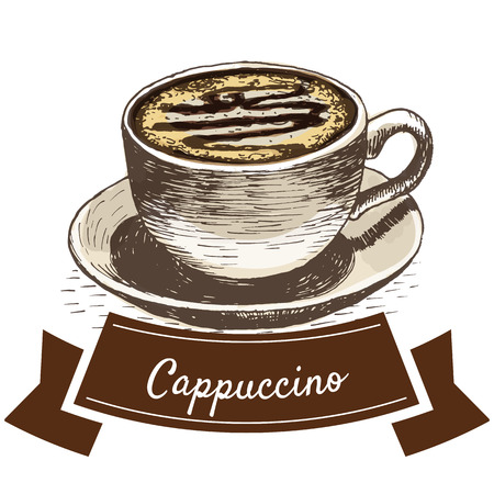 Vector illustration colorful set with cappuccino coffee. Illustration of coffee on white backgroundのイラスト素材
