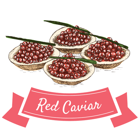 Vector illustration colorful set with red caviar. Illustration of red caviar on white backgroundのイラスト素材