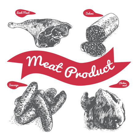 Meat product set illustration. Vector black and white illustration of meat product.のイラスト素材