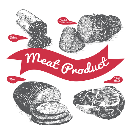 Meat product illustration. Vector black and white illustration of meat product.のイラスト素材