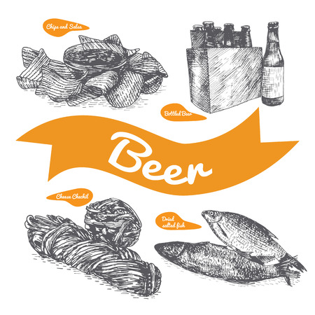 Draft beer and snack products illustration. Vector colorful illustration of beer and snack productのイラスト素材