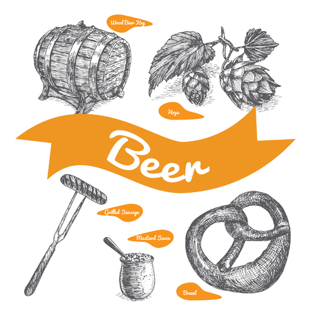 Draft beer and snack products illustration. Vector colorful illustration of beer and snack productのイラスト素材