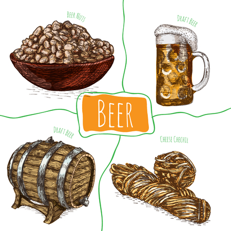 Draft beer and snack products illustration. Vector colorful illustration of beer and snack productのイラスト素材
