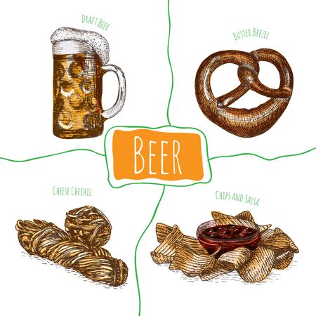 Draft beer and snack products illustration. Vector colorful illustration of beer and snack productのイラスト素材