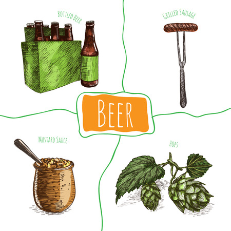 Beer and snack products illustration. Vector colorful illustration of beer and snack productのイラスト素材