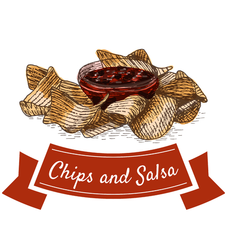 Chips and salsa illustration. Vector colorful illustration of beer snacks.のイラスト素材