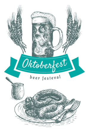 Oktoberfest set illustration. Vector illustration of beer and snack products.のイラスト素材