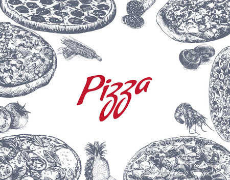 Illustration of various sort of pizzas. Monochrome illustration of pizzasのイラスト素材