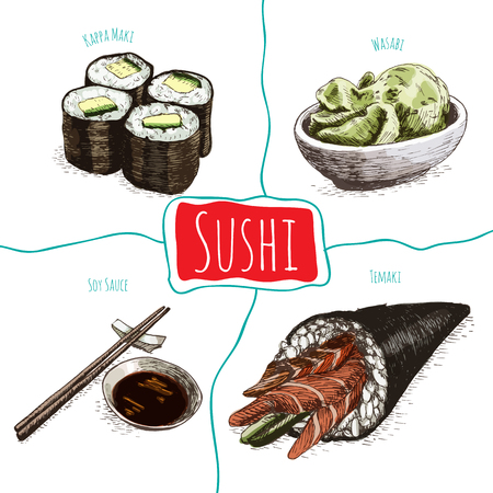 Illustration of various sort of sushi. Colorful illustration of sushiのイラスト素材