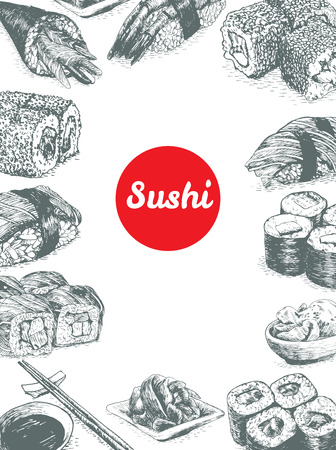 Illustration of various sort of sushi. Monochrome illustration of sushiのイラスト素材
