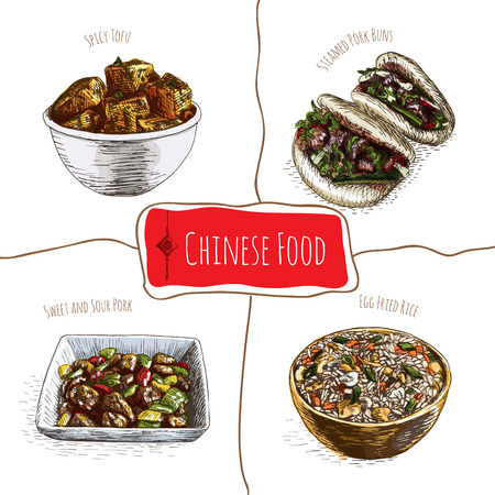 Chinese food colorful illustration. Vector colorful illustration of Chinese cuisine.のイラスト素材