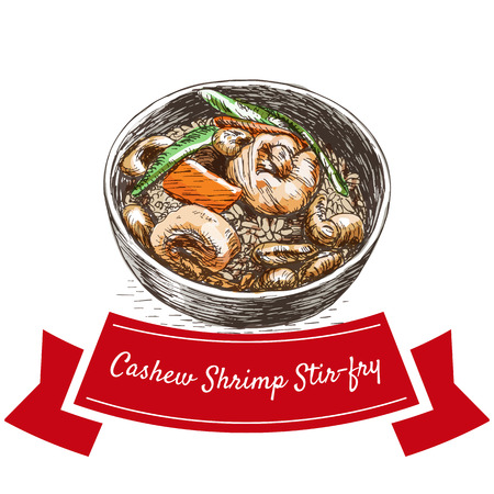 Cashew shrimp stir-fry colorful illustration. Vector illustration of Chinese cuisine.のイラスト素材