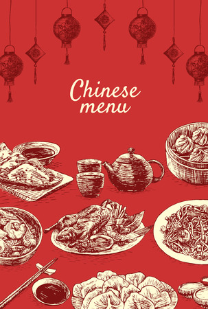 Chinese menu colorful illustration. Vector illustration of different Chinese mealsのイラスト素材
