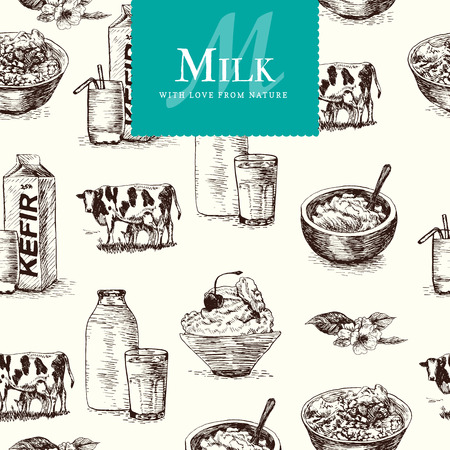 Vector illustration colorful seamless pattern with dairy products. Different sorts of dairy productsのイラスト素材