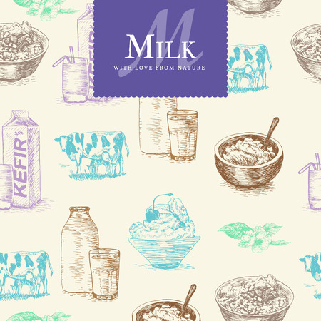Vector illustration colorful seamless pattern with dairy products. Different sorts of dairy productsのイラスト素材