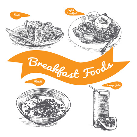Illustration of various sorts breakfast foods. Monochrome illustration of breakfast foods.のイラスト素材