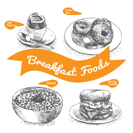 Illustration of various sorts breakfast foods. Monochrome illustration of breakfast foods.のイラスト素材