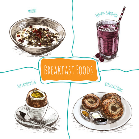 Colorful illustration of breakfast foods. Vector colorful illustration of breakfastのイラスト素材