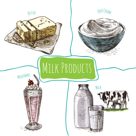 Dairy products colorful illustration. Vector illustration of breakfast.のイラスト素材