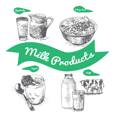 Dairy products colorful illustration. Vector illustration of breakfast.のイラスト素材