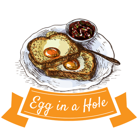 Egg in a hole colorful illustration. Vector illustration of breakfast.のイラスト素材