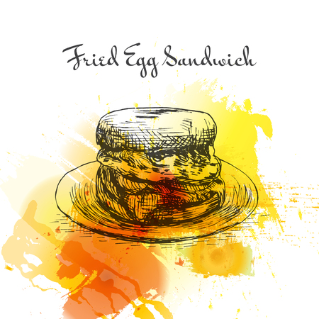 Fried egg sandwich colorful watercolor effect illustration. Vector illustration of breakfast.のイラスト素材