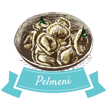 Pelmeni colorful illustration. Vector illustration of Russian cuisine.のイラスト素材