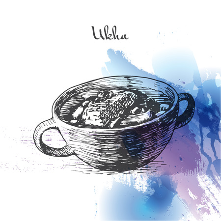 Ukha watercolor effect illustration. Vector illustration of Russian cuisine.のイラスト素材