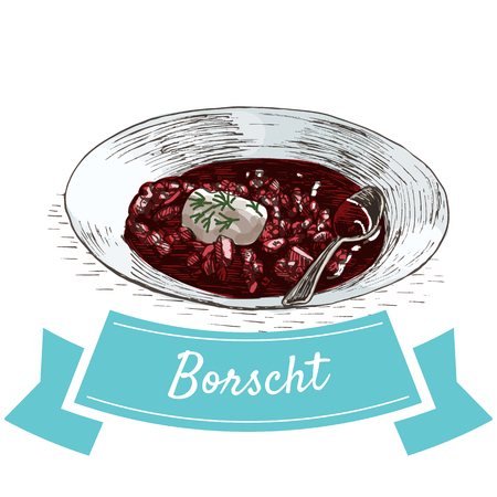 Borscht colorful illustration. Vector illustration of Russian cuisine.のイラスト素材
