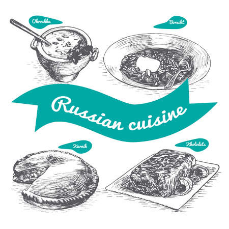 Monochrome vector illustration of Russian cuisine and cooking traditionsのイラスト素材