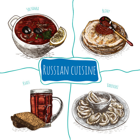 Menu of Russia colorful illustration. Vector illustration of Russian cuisine.のイラスト素材
