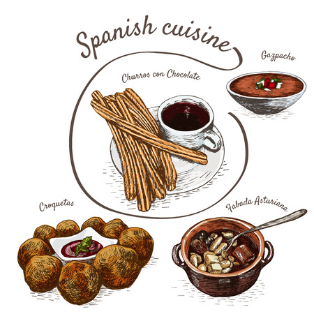 Menu of Spain colorful illustration. Vector illustration of Spanish cuisine.のイラスト素材