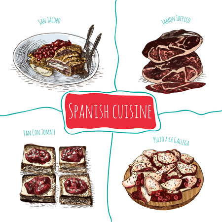 Menu of Spain colorful illustration. Vector illustration of Spanish cuisine.のイラスト素材