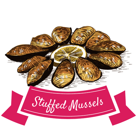 Tigres Stuffed Mussels colorful illustration. Vector illustration of Spanish cuisine.のイラスト素材