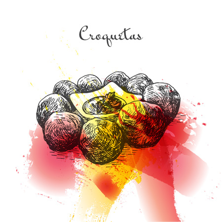 Croquetas colorful watercolor effect illustration. Vector illustration of Spanish cuisine.のイラスト素材