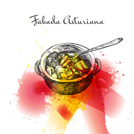 Fabada asturiana colorful watercolor effect illustration. Vector illustration of Spanish cuisine.のイラスト素材