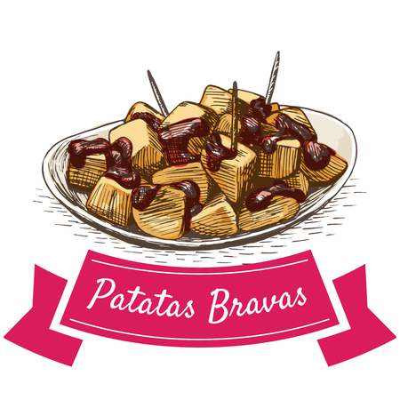 Patatas bravas colorful illustration. Vector illustration of Spanish cuisine.のイラスト素材