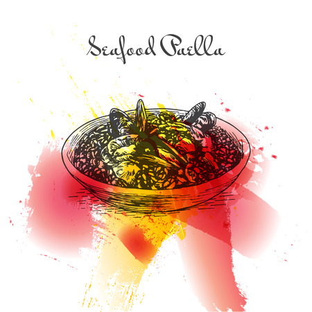 Seafood paella colorful watercolor effect illustration. Vector illustration of Spanish cuisine.のイラスト素材