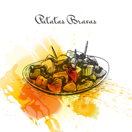 Patatas bravas colorful watercolor effect illustration. Vector illustration of Spanish cuisine.のイラスト素材