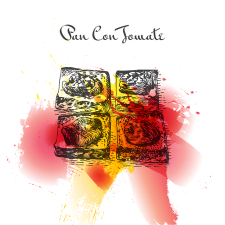 Pan con tomate colorful watercolor effect illustration. Vector illustration of Spanish cuisine.のイラスト素材