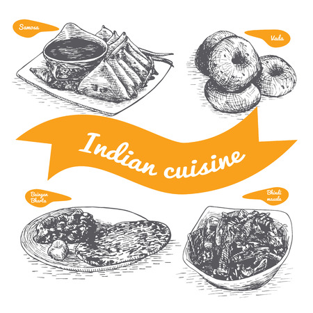 Monochrome vector illustration of Indian cuisine and cooking traditionsのイラスト素材