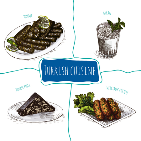Menu of Turkey colorful illustration. Vector illustration of Turkish cuisine.のイラスト素材