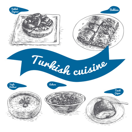 Monochrome vector illustration of Turkish cuisine and cooking traditionsのイラスト素材