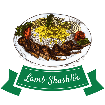 Lamb Shashlik colorful illustration. Vector illustration of Persian cuisine.のイラスト素材